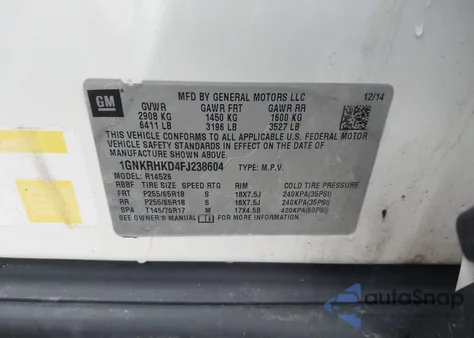 2015 Chevrolet Traverse 2Lt from USA, damaged, VIN 1GNKRHKD4FJ238604